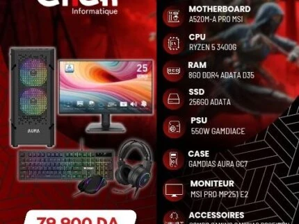 CONFIG/R5 3400G /8GO DDR4/256GO SSD/A520M-A PRO/GP550W/AURA GC7+MONIT PRO MP251+COMB POSEIDON E2