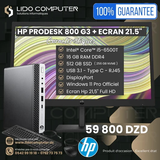 Hp ProDesk 800 G3 i5-6500T - 16 Gb - 512 Gb + Écran Hp P22VBG5 21,5" FHD