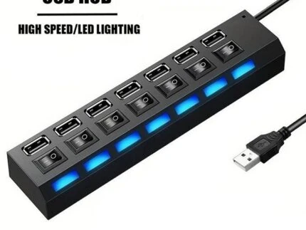 HUB USB 2.0 7 PORTS avec interupteurs + SUPPORT ET TRANSFORMATEUR