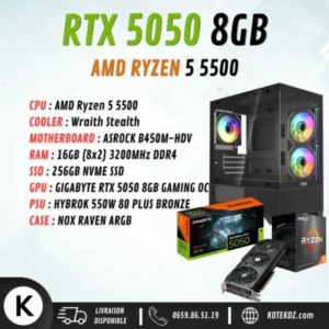 CONFIG PC GAMER – RYZEN 5 5500 / RTX 5050 8GB / 16GB RAM DDR4 / 256GB SSD